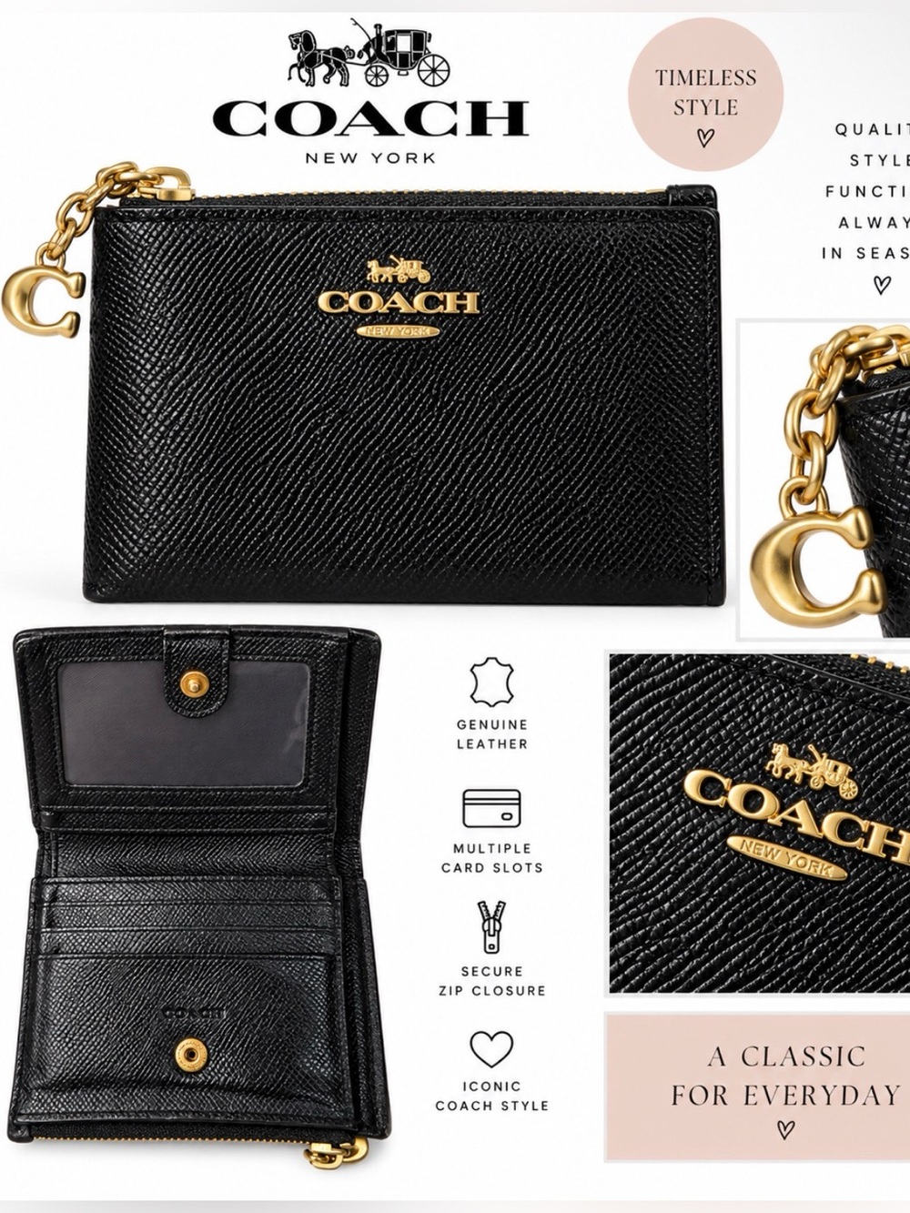 COACH Black Leather Card & Key Holder with Gold Hardware